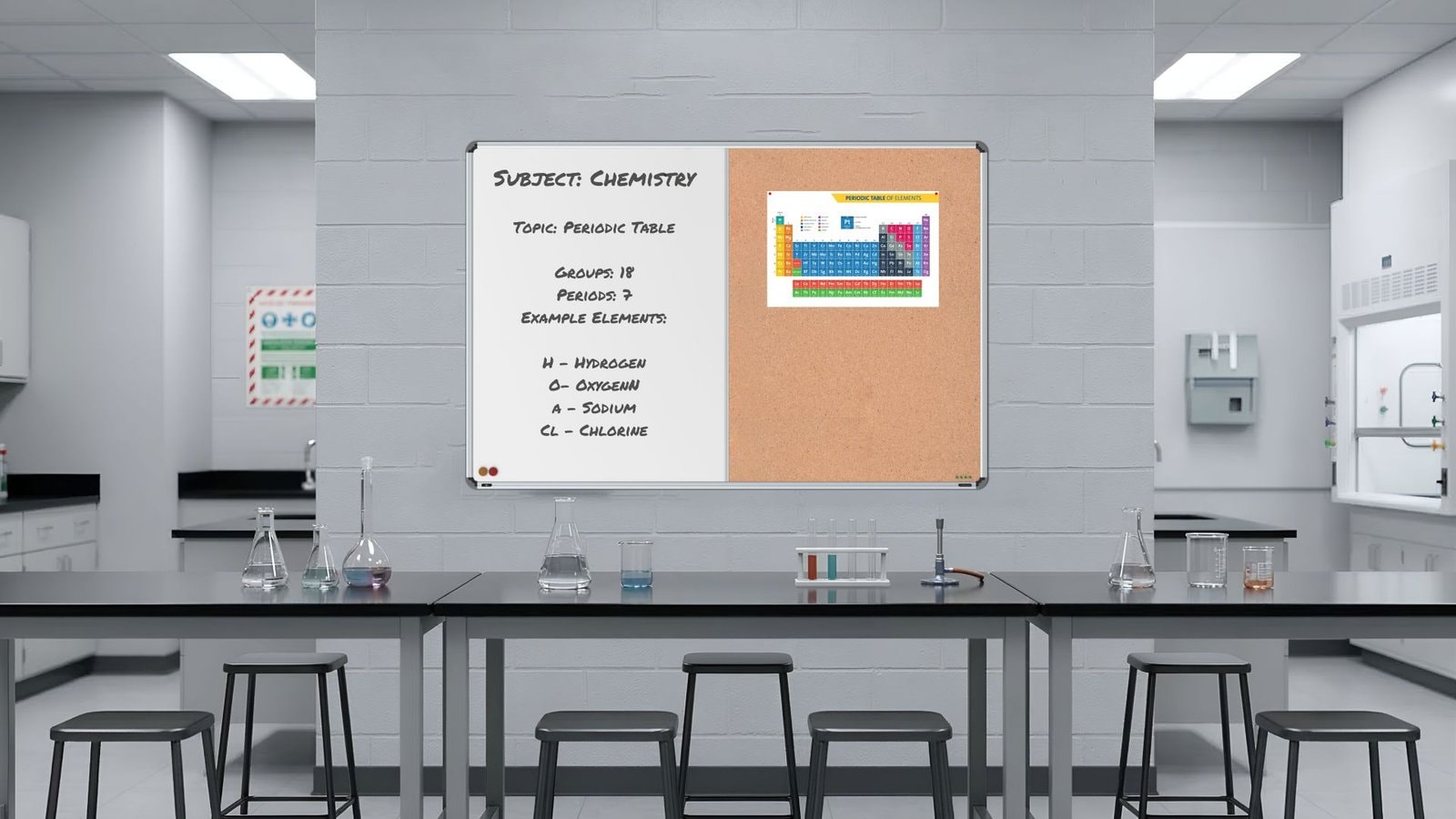 Scholar Art whiteboard and cork board in a chemistry lab